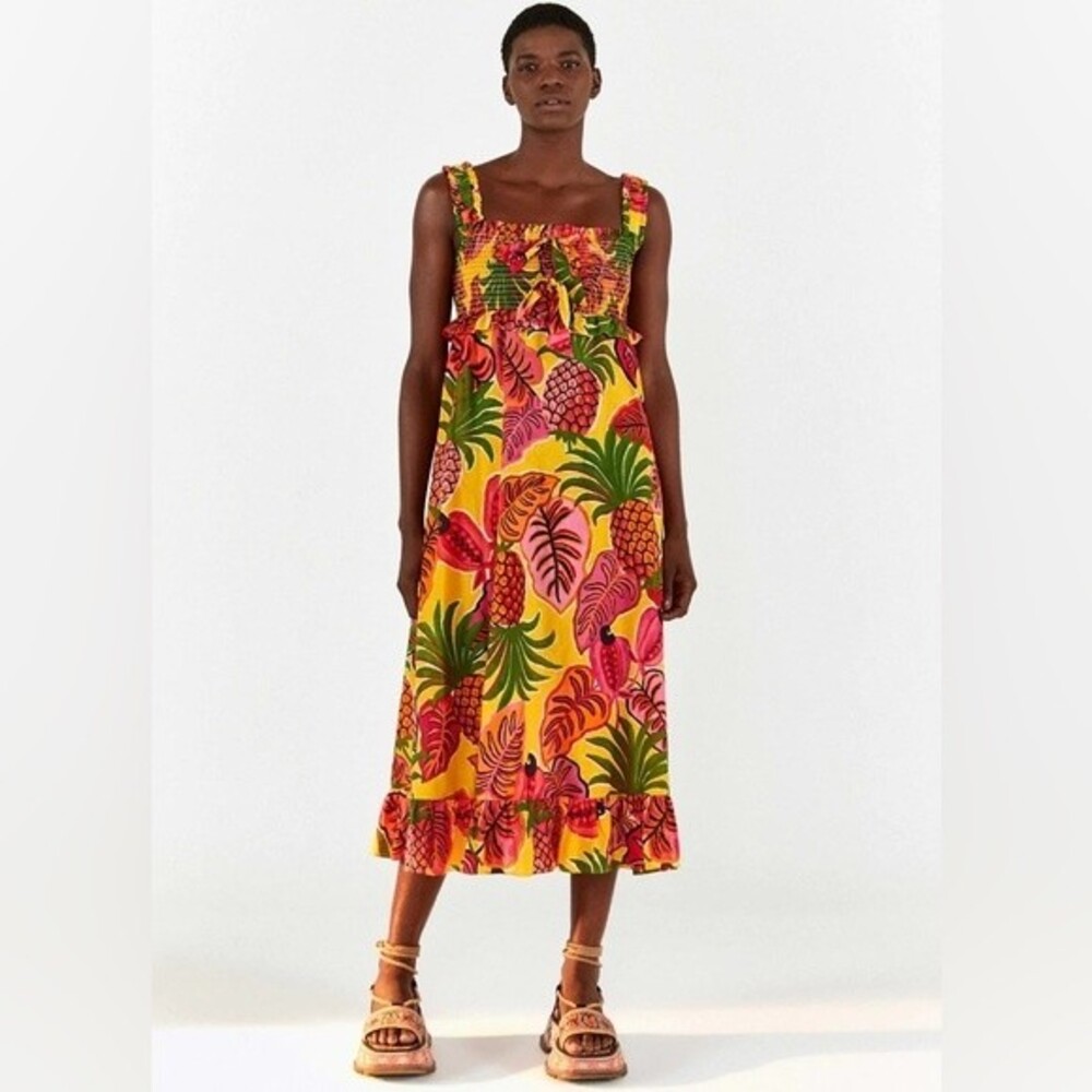 NEW! Farm Rio Fruit Dream Ruffle Cotton Midi Dress Size Large